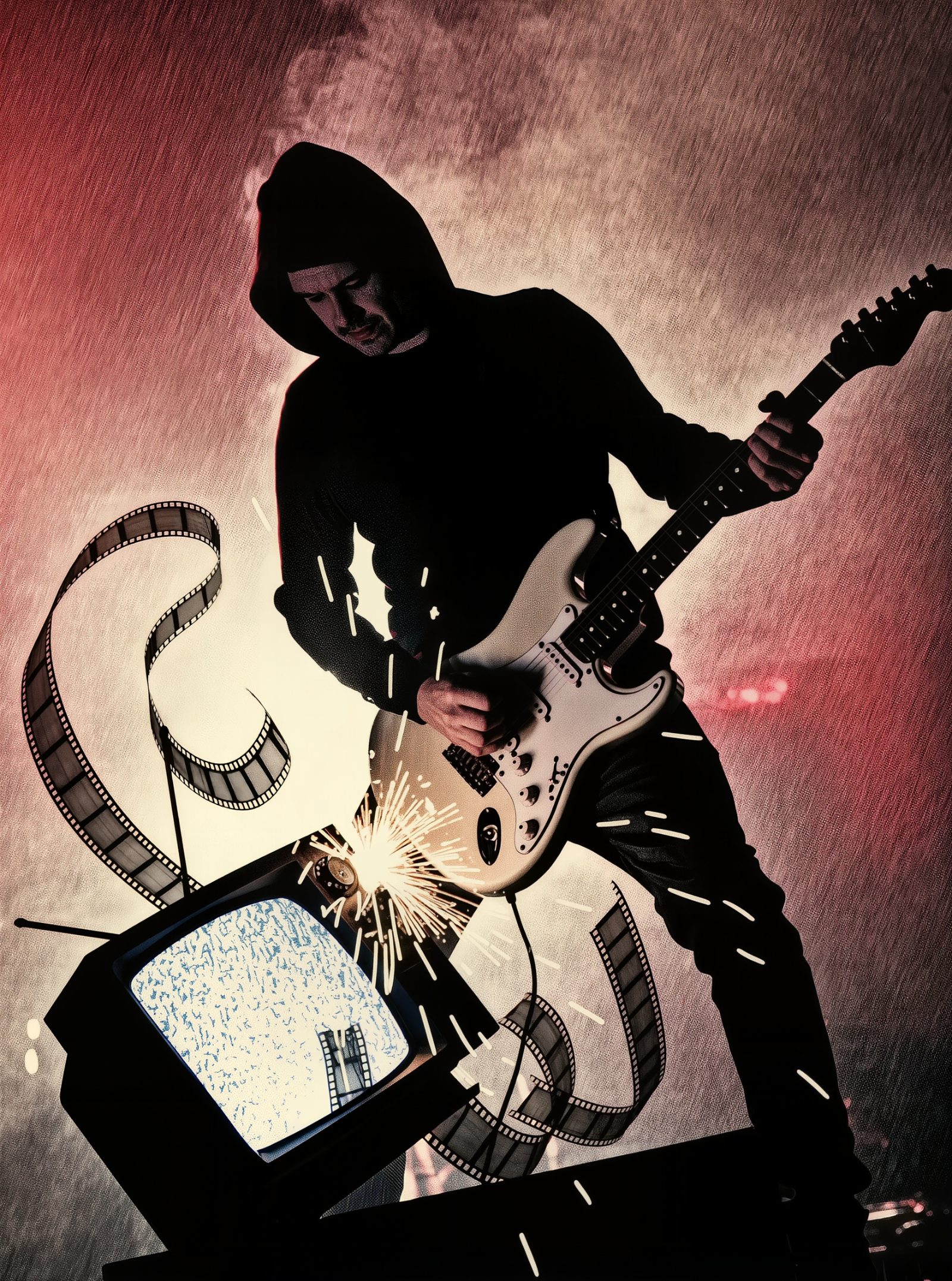 Silueta rebelde rompiendo una pantalla de televisor con una guitarra eléctrica entre chispas y humo de escenario