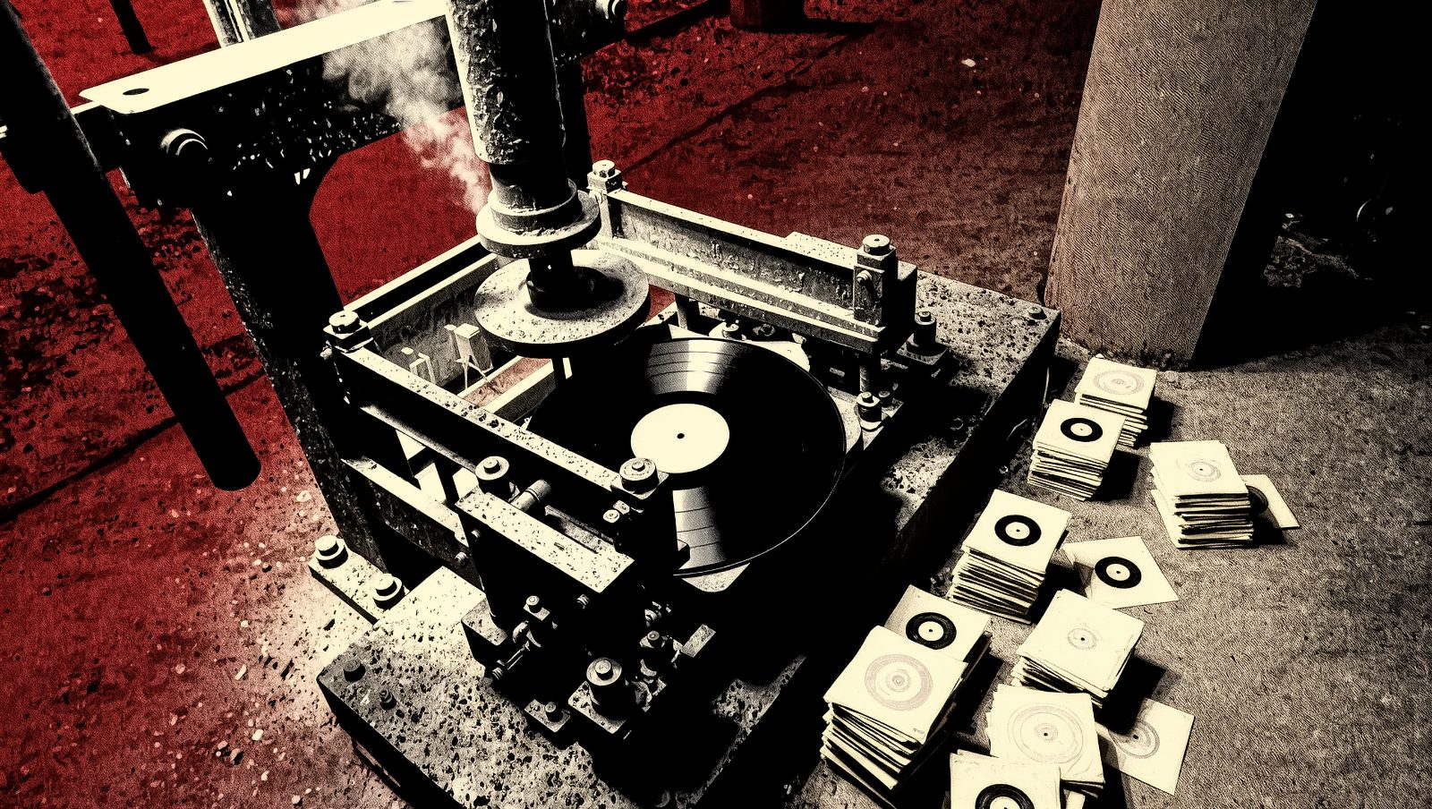 Fábrica de discos de vinilo estilo retro grunge con prensa industrial