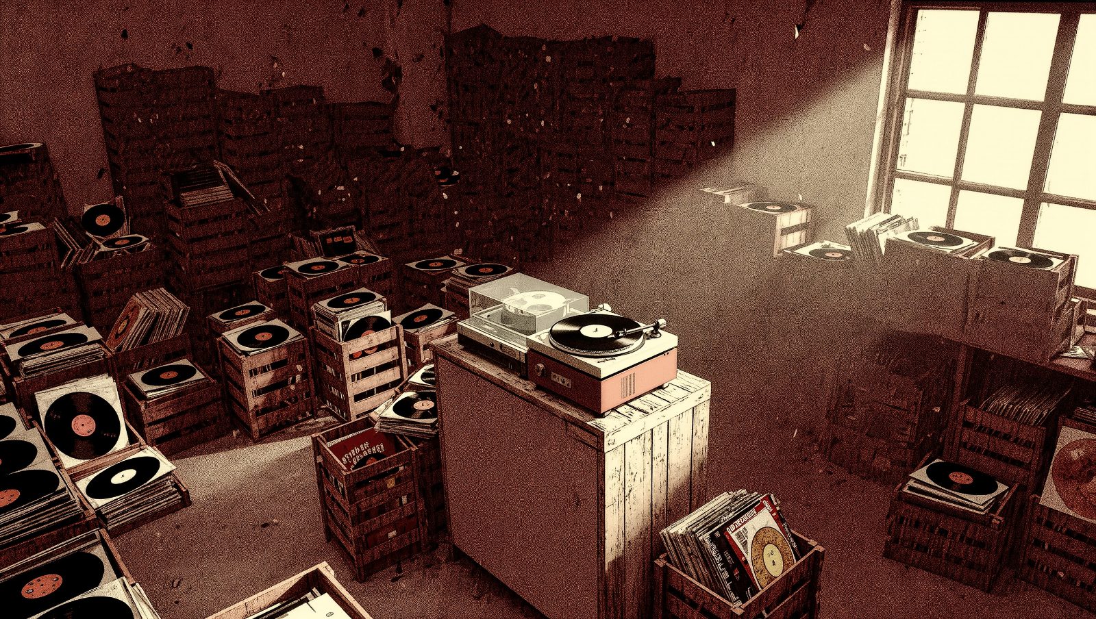 Colección de discos de vinilo y tocadiscos vintage en ambiente retro grunge