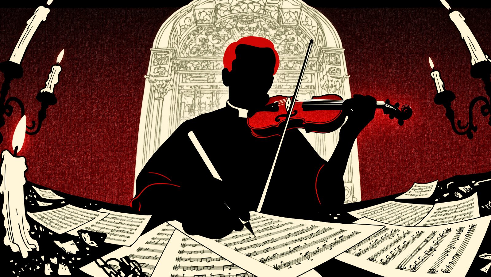 Silueta de un compositor sacerdote pelirrojo escribiendo una partitura a la luz de las velas, estilo grunge retro